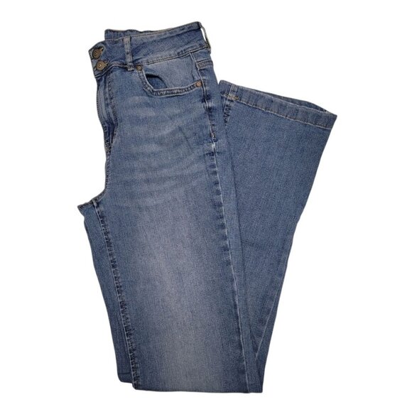 High Rise Waist Bootcut Denim Jeans Light Wash Junior Size 7 Double Button - Picture 2 of 10